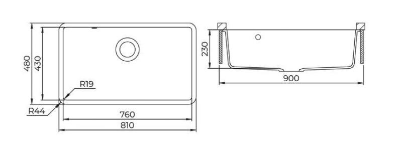 AquaGranite Modulo R19 duży czarny granitowy zlew 76x43 cm do montażu podblatowego i nablatowego z korkiem ze stali nierdzewnej 1208970688.