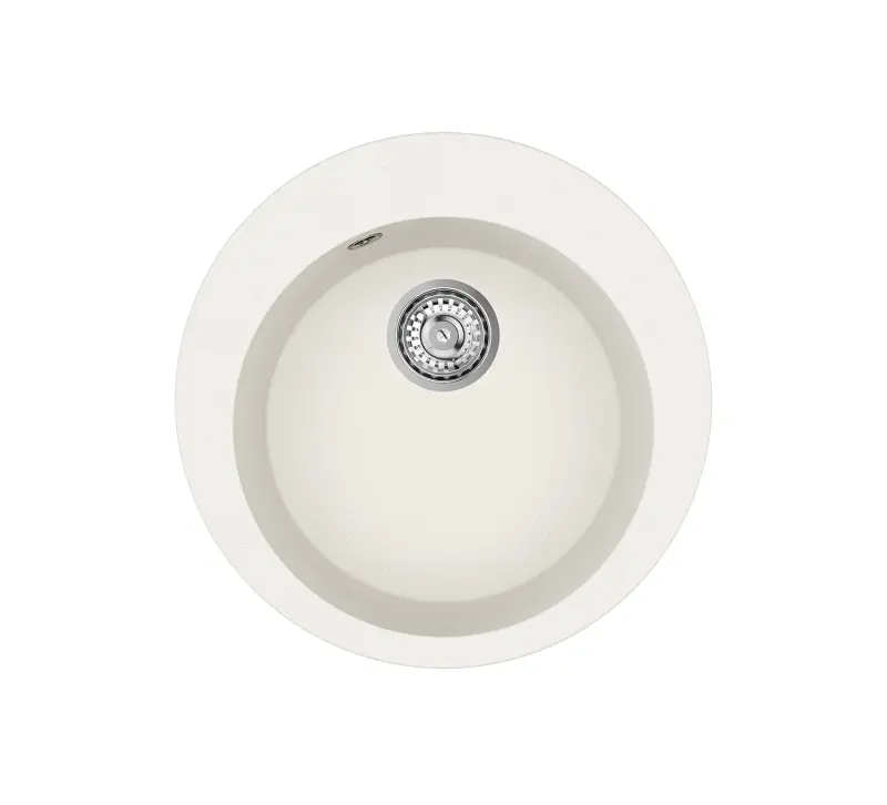 AquaGranite Lago Biały okrągły zlewozmywak nablatowy z granitu 505 mm z odpływem ze stali nierdzewnej i 1 otworem na baterię 1208970689