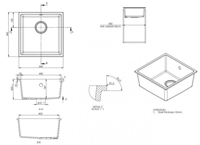 GraniteMy Universal Granit Szary, ciemny Zlew 40x40 cm Montaż nawierzchniowy, podtynkowy i równy z korkiem ze stali nierdzewnej 1208970742
