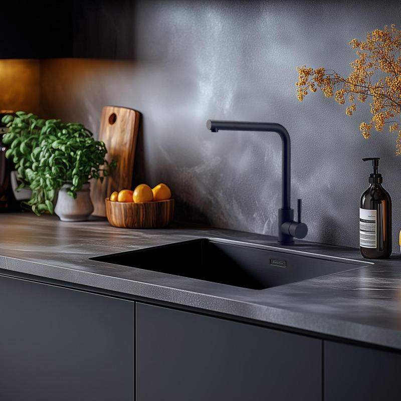 Czarny zestaw zlewozmywak 50x40 cm z czarnym kranem kuchennym 1208970765