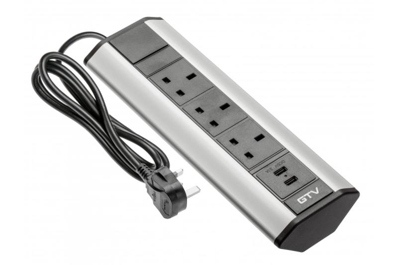 Biurkowy przedłużacz z kątowymi 3x gniazdami UK, 2xUSB 2.1A 5V (srebrny) WERSJA ANGIELSKA