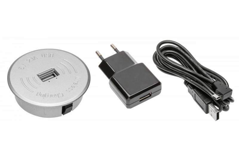 Bezprzewodowy zestaw ładujący z USB w kolorze srebrnym z zasilaczem (odłączany kabel USB o długości 2 m)
