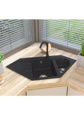 Graniteland Amiata Granitowy Czarny Zlew Narożny do Montażu 965x496mm z Korkiem ze Stali Nierdzewnej 1208971120