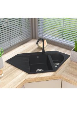 Graniteland Amiata Granitowy Czarny Zlew Narożny do Montażu 965x496mm z Korkiem ze Stali Nierdzewnej 1208971120