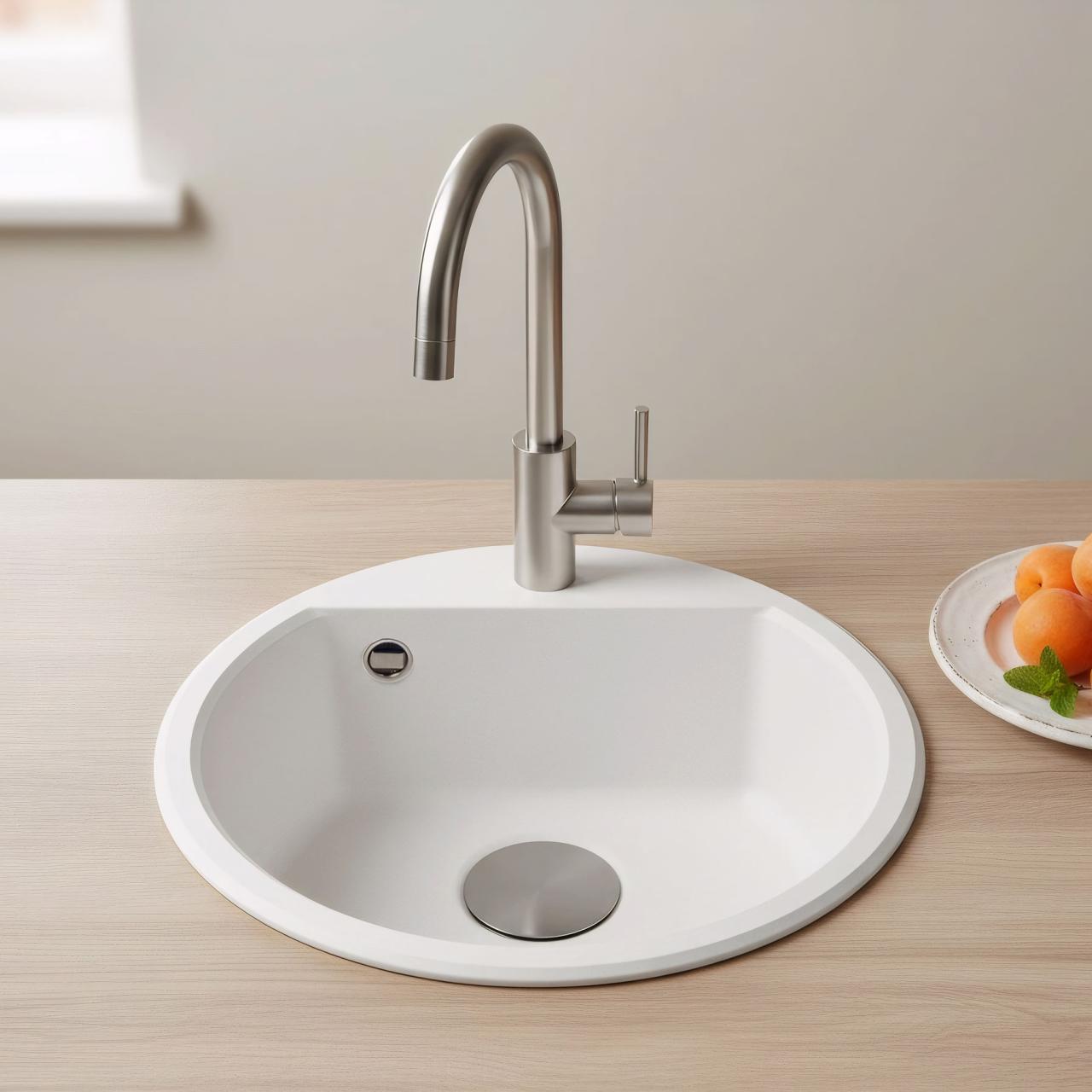 GraniteMy Bremen okrągły granitowy zlew 43 cm biały montowany od góry i od dołu z otworem na kran z metalową zatyczką w kolorze starego metalu 1208971220