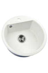 GraniteMy Bremen okrągły granitowy zlew 43 cm biały montowany od góry i od dołu z otworem na kran z metalową zatyczką w kolorze starego metalu 1208971220