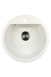 GraniteMy Bremen okrągły granitowy zlew 43 cm biały montowany od góry i od dołu z otworem na kran z metalową zatyczką w kolorze starego metalu 1208971220