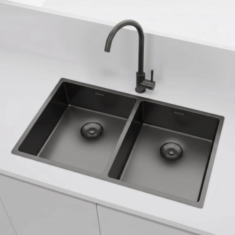 Pure.Sink Prestige Podwójny zlewozmywak Gun Metal 70x40 cm, promień 10 mm, do montażu podblatowego, równego i nadblatowego PPG343440-61