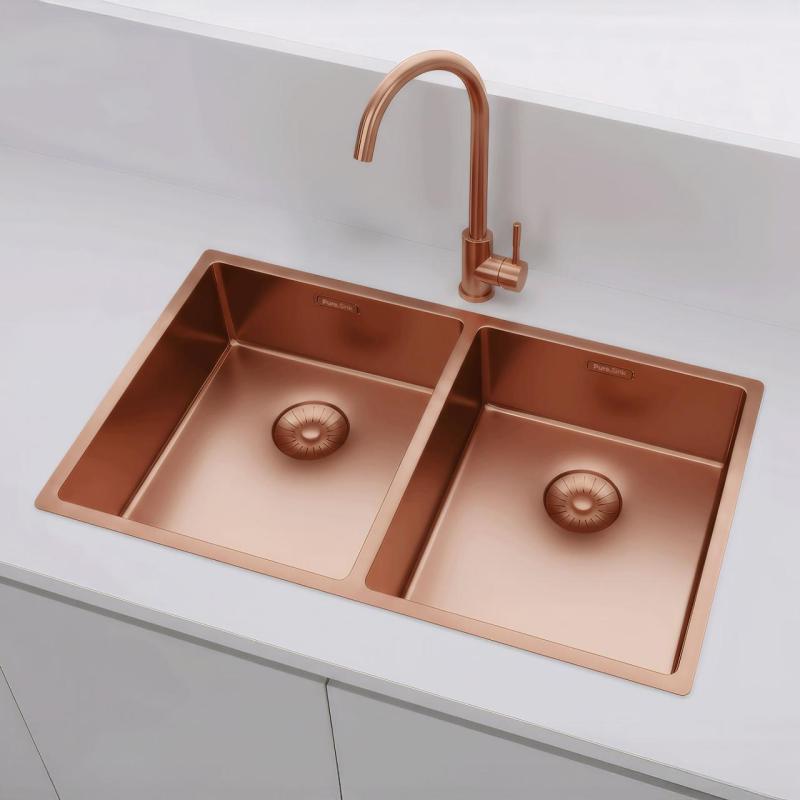 Pure.Sink Prestige Podwójny miedziany zlew 70x40cm promień 10mm, montaż podblatowy, równoległy i nakładany PPG343440-62