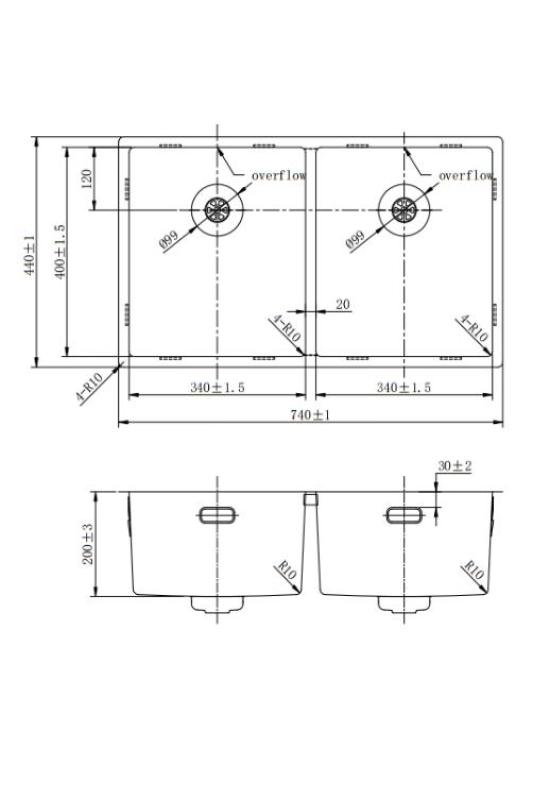 Pure.Sink Prestige Podwójny miedziany zlew 70x40cm promień 10mm, montaż podblatowy, równoległy i nakładany PPG343440-62