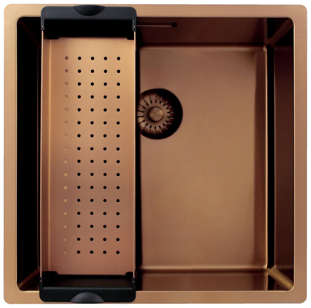 Pure.Sink Exclusivo Miedziany zlew 40x40 cm promień 10mm, montaż podblatowy, równoległy i nadblatowy PEX4040-62