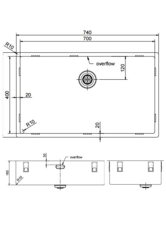 Pure.Sink Exclusivo duży zlew Gun metal 70x40 cm promień 10mm podbudowa, płaskie wbudowanie i nadbudowa PEX7040-61