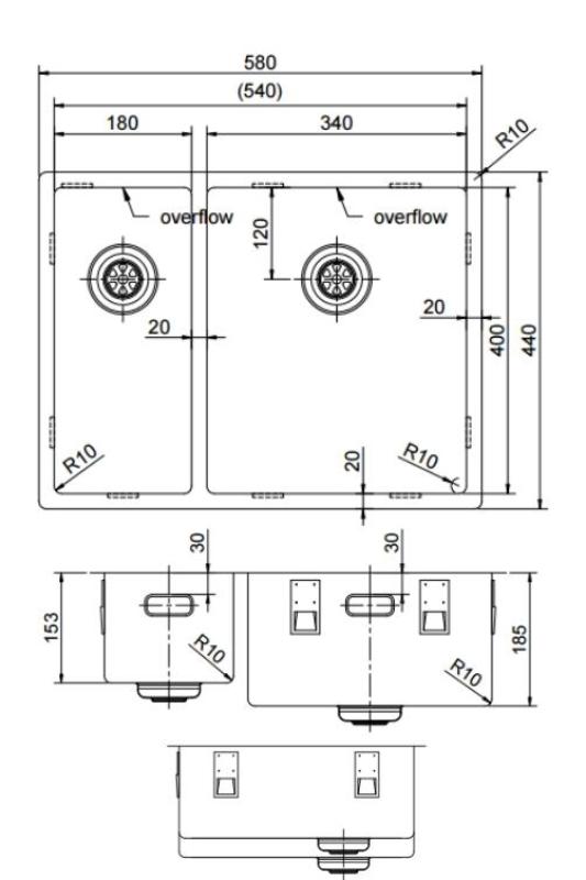Pure.Sink Exclusivo Złoty 1,5 półtorakoma zlew 18+34 cm promień 10mm PEX183440-60