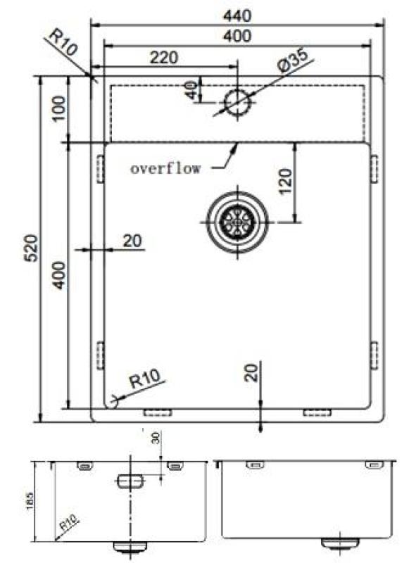 Pure.Sink Exclusivo Złoty zlew 44x52 cm Tapwing z otworem na baterię o promieniu 10mm PEX4040T-60