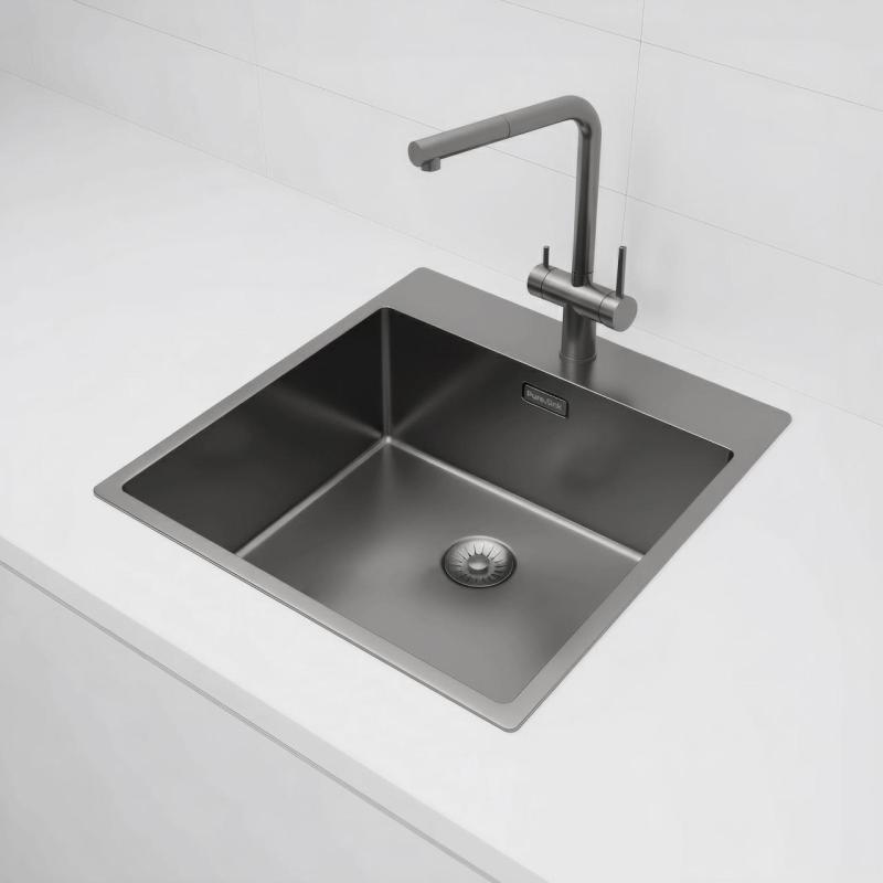 Pure.Sink Exclusivo Gun Metal zlew 49x52 cm Tapwing z otworem na baterię o promieniu 10mm PEX4540T-61