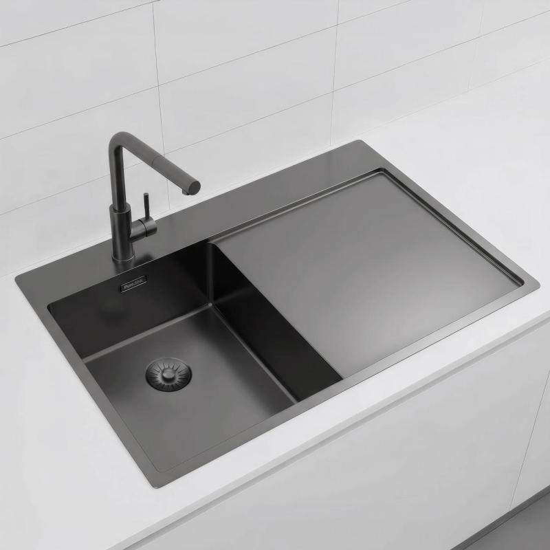 Pure.Sink Exclusivo Gun Metal mała zlew z obszarem ociekającym 78x52 cm Tapwing po lewej stronie PEX3478LT-61