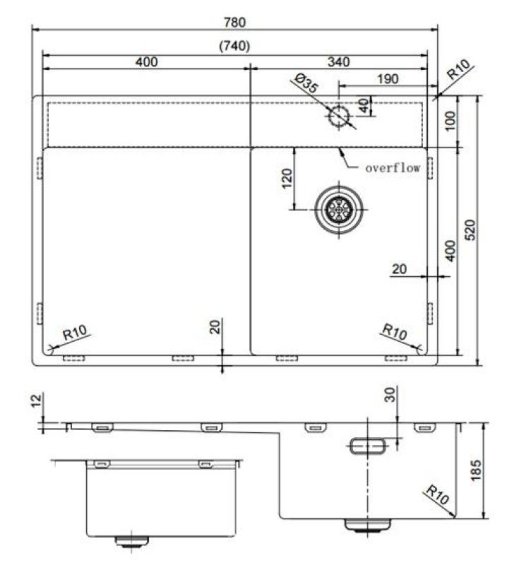 Pure.Sink Exclusivo RVS mały zlew z częścią ociekającą 78x52 cm Tapwing po prawej PEX3478RT-02