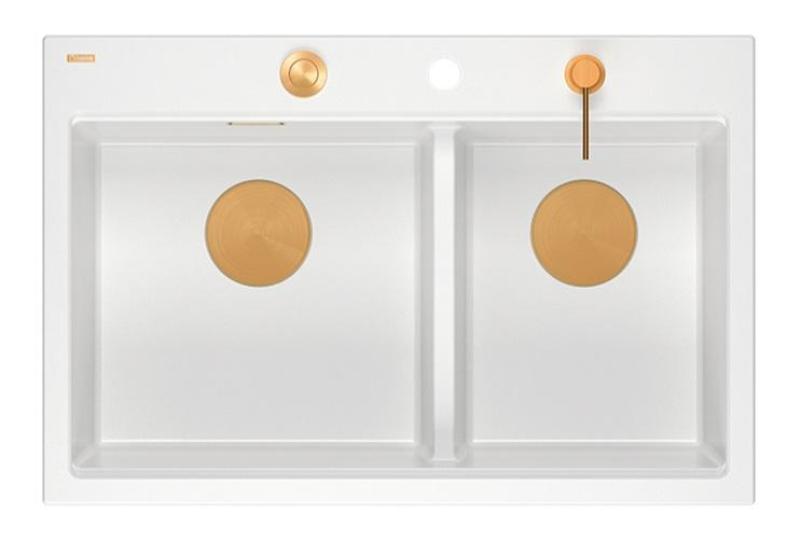 Quadri Hard Rock Podwójny Biały Granitowy Zlew Nawierzchniowy 76 x 50 cm z Miedzianą Wtyczką i Akcesoriami 1208971357