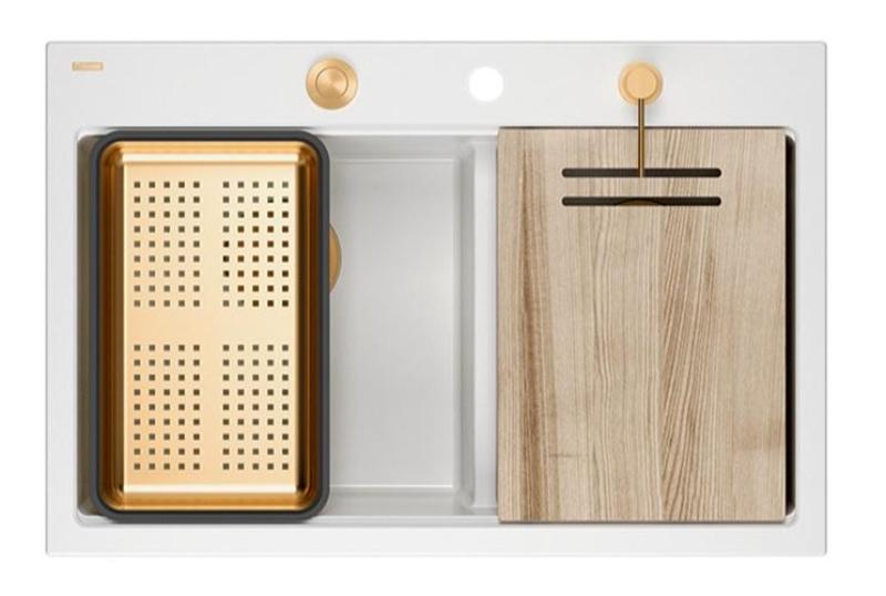 Quadri Hard Rock Podwójny Biały Granitowy Zlew Nawierzchniowy 76 x 50 cm z Miedzianą Wtyczką i Akcesoriami 1208971357