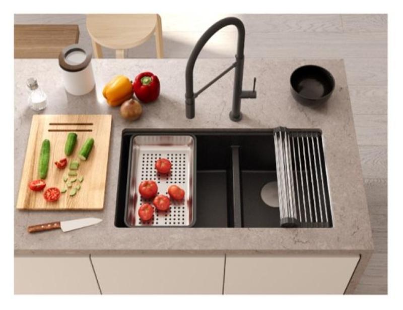 Quadri Newport II Podwójny Granitowy Zlew Podblatowy Antracytowy 702 x 390 mm z Miedzianą Wtyczką 1208971374