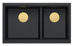 Quadri Newport II Podwójny Czarny Granitowy Zlew Podblatowy 702 x 390 mm z Złotym Korkiem 1208971381
