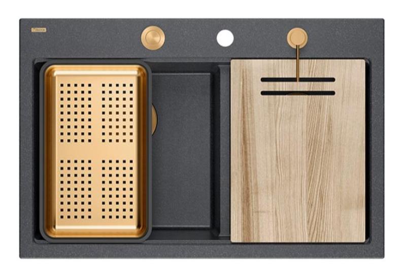 Quadri Hard Rock Podwójny Antracytowy Granitowy Zlew Nablatowy 76x50 cm z Miedzianą Wtyczką i Akcesoriami 1208971388