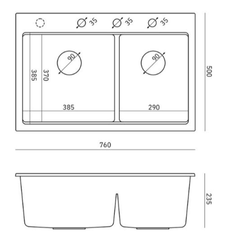 Quadri Hard Rock Podwójny Antracytowy Granitowy Zlew Nablatowy 76x50 cm z Miedzianą Wtyczką i Akcesoriami 1208971388