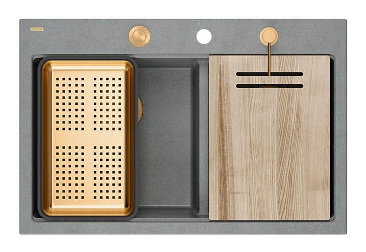 Quadri Hard Rock Podwójny Szary Granitowy Zlew Nablatowy 76x50 cm z Miedzianą Zatyczką i Akcesoriami 1208971389 - Productafbeelding 3