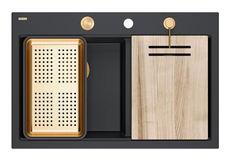 Quadri Hard Rock Podwójny Czarny Granitowy Zlew Nawierzchniowy 76x50 cm z Miedzianą Wtyczką i Akcesoriami 1208971390