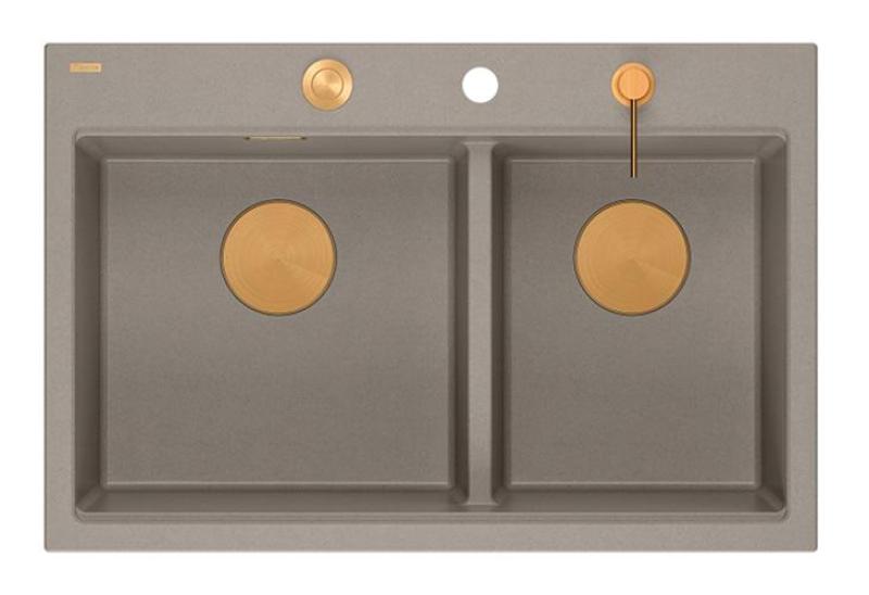 Quadri Hard Rock Podwójny Taupe Granitowy Zlew Nakładany 76x50 cm z Miedzianą Wtyczką i Akcesoriami 1208971391