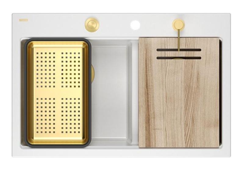 Quadri Hard Rock Podwójny Biały Granitowy Zlew Nawierzchniowy 76x50 cm z Złotą Wtyczką i Akcesoriami 1208971392