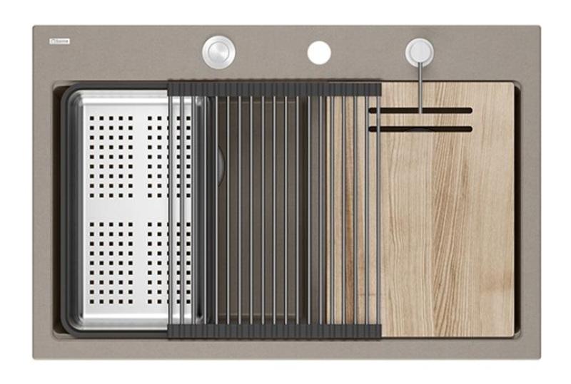 Quadri Hard Rock Podwójny Granit Taupe Zlew Nablatowy 76x50 cm z korkiem ze stali nierdzewnej i akcesoriami 1208971402