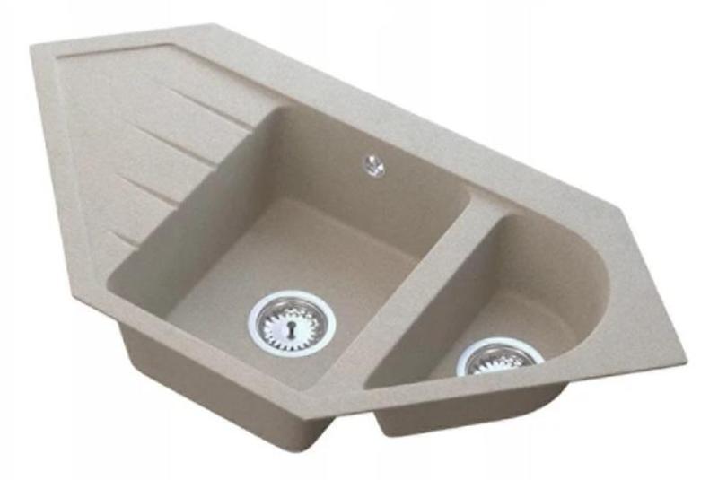 Graniteland Amiata Granitowy beżowy Zlew narożny do montażu 965x496mm z Wtyczką ze Stali Nierdzewnej 1208971417