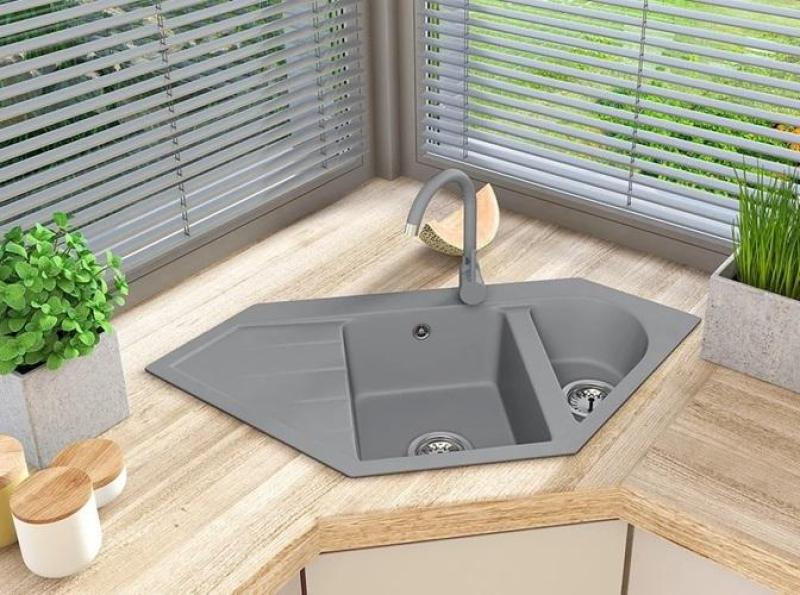 Graniteland Amiata Granitowy szary Zlew narożny do montażu 965x496mm z korkiem ze stali nierdzewnej 1208971419