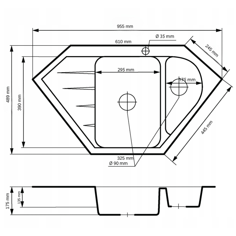 Graniteland Amiata Granitowy szary narożny zlew nablatowy 955 x 489 mm z korkiem ze stali nierdzewnej 1208971419