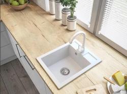 Graniteland Prest Granitowy biały zlew Tapwing z otworem na kran montowany na powierzchni 400x500mm z korkiem ze stali nierdzewnej 1208971424