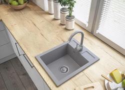 Graniteland Prest Granitowy szary zlew Tapwing z otworem na baterię montowany na blacie 400x500mm z korkiem ze stali nierdzewnej 1208971425