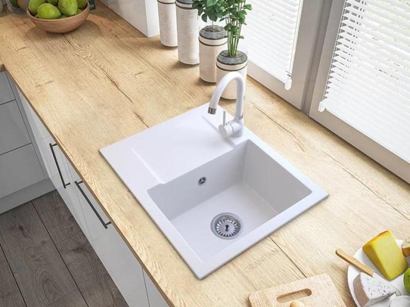 Graniteland Nex Granitowy biały zlew z miejscem do osuszania 574x464 mm 1208971430