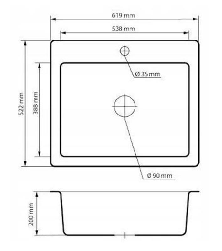 Graniteland Vastone Granitowy Zlew 619x522 mm Szary Nałożony z Otworem na Kran i Stalową Wtyczką RVS 1208971448