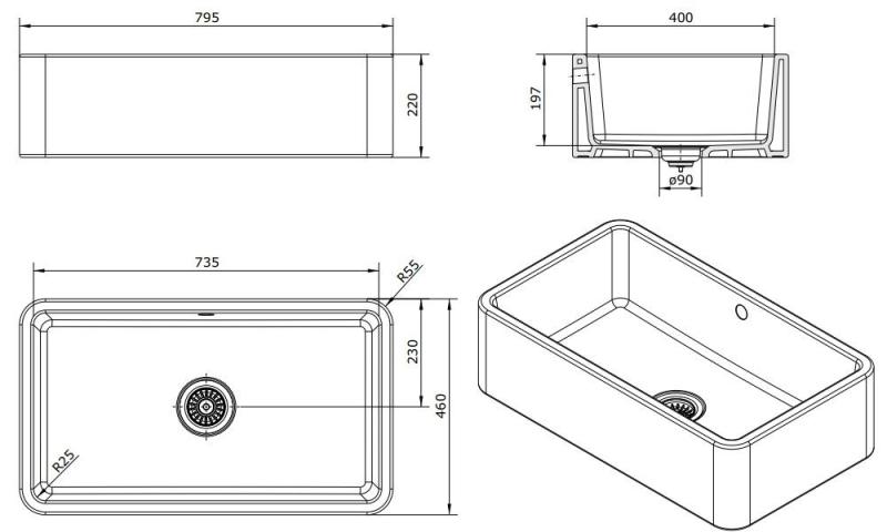 Ausmann Ceramic Mira Ceramiczny Biały Zlewozmywak - Podbudowa i Międzybudowa 795 x 460 mm z Miedzianą zatyczką 1208971467