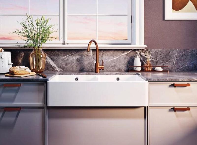 Ausmann Ceramic Mira Ceramiczny Biały Podwójny Zlew - Montaż Podblatowy i Międzyblatowy 890 x 456 mm z Czarnymi Korkami 1208971474