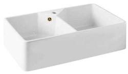 Ausmann Ceramic Mira Ceramiczny Biały Podwójny Zlewozmywak - Podbudowa i Międzybudowa 793 x 450 mm z bankiem do kranów i Złotą wtyczką 1208971476
