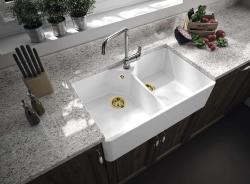Ausmann Ceramic Mira Ceramiczny Biały Podwójny Zlewozmywak - Podbudowa i Międzybudowa 793 x 450 mm z bankiem do kranów i Złotą wtyczką 1208971476
