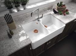 Ausmann Ceramic Mira Ceramiczny Biały Podwójny Zlew - Montaż Podblatowy i Międzyblatowy 793 x 450 mm z otworem na baterię i miedzianą zatyczką 1208971477
