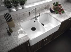 Ausmann Ceramic Mira Ceramiczny Biały Podwójny Zlew - Podbudowa i Półpiętro 793 x 450 mm z otworem na kran i Czarną wtyczką 1208971479