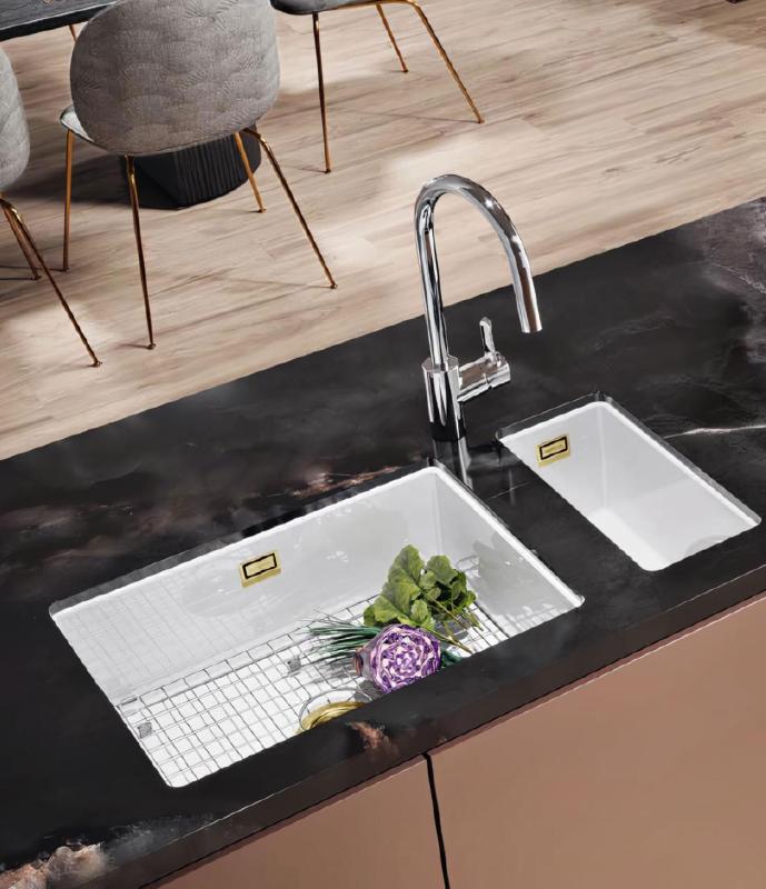 Ausmann Ceramic Ember Ceramiczny Biały Półzlewozmywak montowany od góry i dołu 174 x 400 mm z Złotym korkiem 1208971501