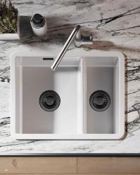 Ausmann Ceramic Ember Ceramiczny Biały Półtorakomorowy Zlew Do Montażu Na Blacie i Pod Blatem 535 x 400 mm z Metalowymi Korkami w Kolorze Gun Metal 1208971508
