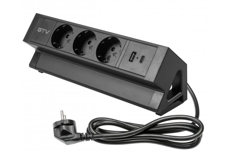 Gniazdo meblowe BASCO, 3xSHUKO, USB A+C, kabel 1,5 m, czarne