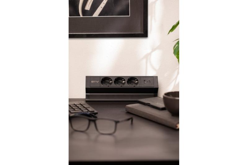 Gniazdo meblowe BASCO, 3xSHUKO, USB A+C, kabel 1,5 m, czarne