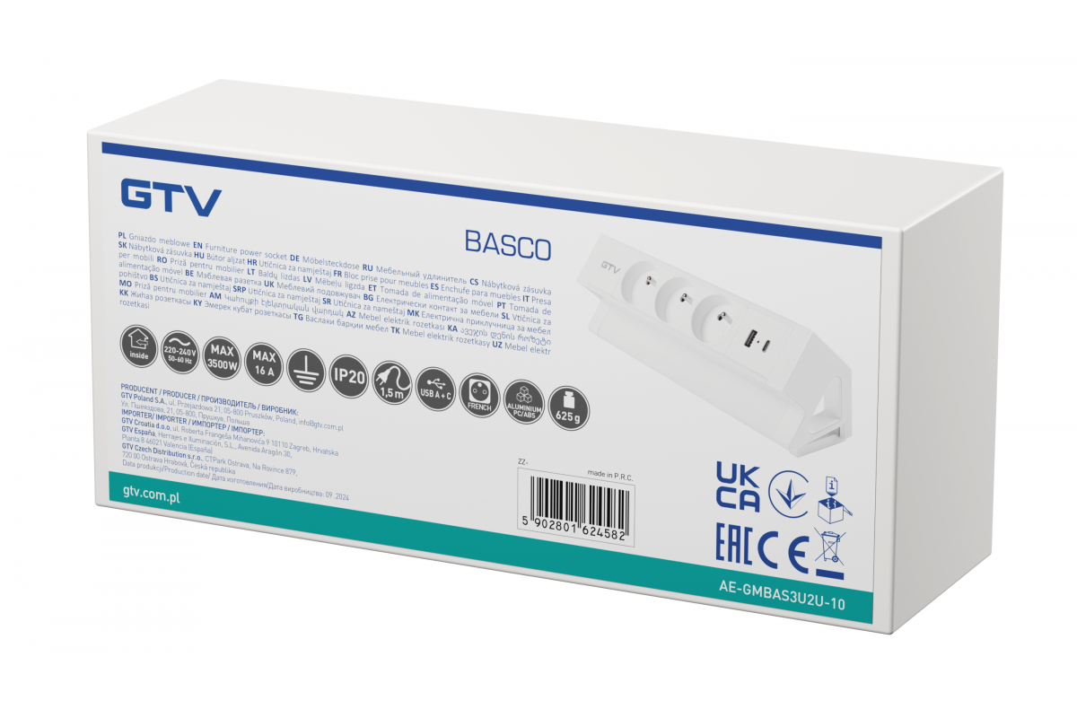 Gniazdo meblowe Basco, 3 x gniazdo z uziemieniem, USB A+C, kabel 1,5 m, białe z montażem